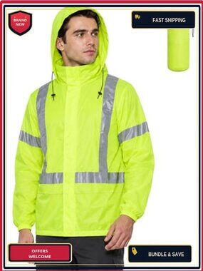 Packable Reflective Rain Jacket for Men Women Lightweight Waterproof Safety